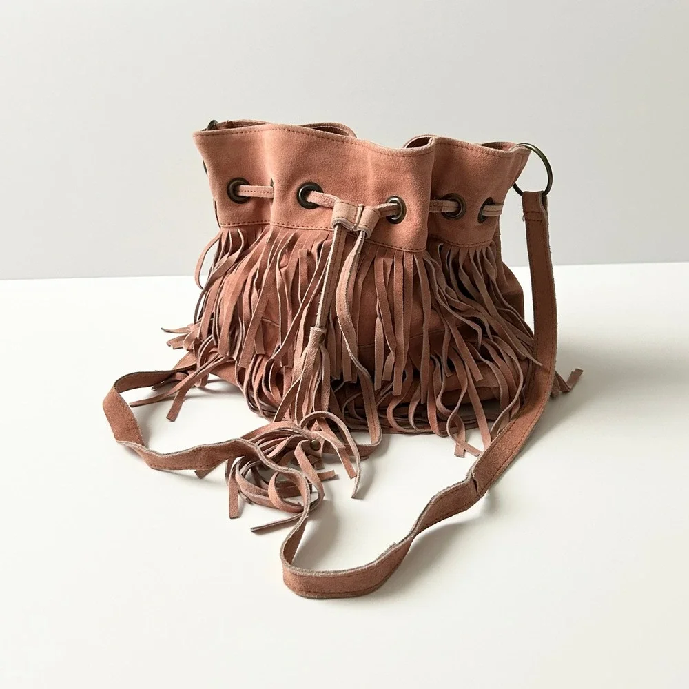 Fringe Suede Crossbody Bag 100% Cow Leather Dusty Pink Mauve Small Tassel Boho